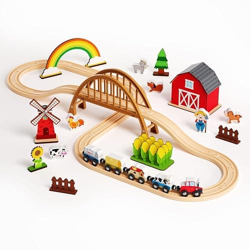 QODOFLR Wooden Farm Train Set,Toddler Toys,Train Set for Toddlers 3-5,Magnetic Train Toys,with Plastic Tracks Compatible with Major Brands Expandable，Sensory Toys for Kids,Ideal Gifts Boys, Girls - Image 1
