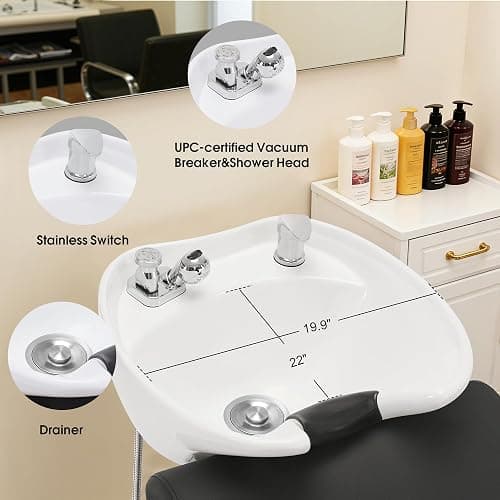 BarberPub Backwash Shampoo Station Chair, Adjustable Porcelain Ceramic Hair Wash Bowl with Chair, Shampoo Station for Barber Shop, Spa Beauty Salon Equipment 9364 (Black) thumbnail 5