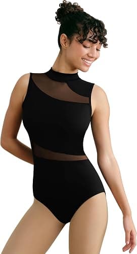 Tegmk Women Mock Neck Ballet Leotards for Dance, Asymmetrical Mesh Splicing, Chest Padding, Big Hollow Back - Image 1