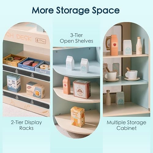 ROBUD Grocery Store Playset, Kids Play Store, Wooden Supermarket Playset with Cash Register, Chalkboard, Vending Machine, Coffee Machine, Oven, Play Food Accessories, Gift for Boys Girls 3+ thumbnail 6