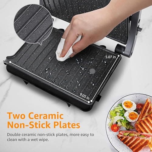 Panini Press Grill, Aigostar 1000W Sandwich Maker with Ceramic Non-stick Plates, Opens 180 Degrees for Any Size Food, 3-in-1 Sandwich Press Electric Grill, Drip Spout & Locking Lid, Sliver thumbnail 5