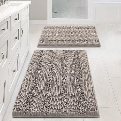 Non Slip Thick Shaggy Chenille Bathroom Rug Mat Set Extra Soft and Absorbent Striped Floor Rugs, 2 Piece, Machine-Washable - Image 1