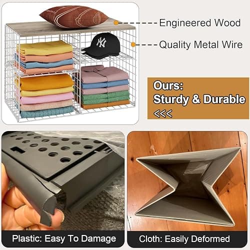 2 Pack Closet Shelf Organizer, Closet Organizers and Storage Shelves With Adjustable Dividers, Stackable Storage Bins Baskets For Clothes Sweaters Jeans Jackets, With Wooden Board, 8 Compartments thumbnail 9