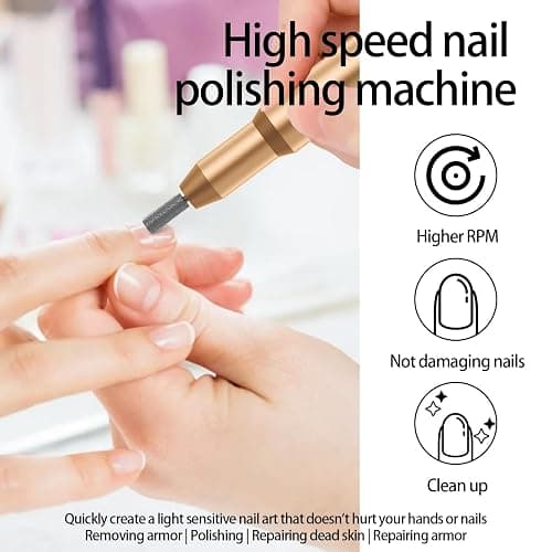 Nail Drill Kit Electric Rechargeable Set Cordless Nail Art Grinding Machine Compact Professional Nail File for Gel Manicure Pedicure Polishing Tool Household,Nail Removal Machine (Golden) thumbnail 5