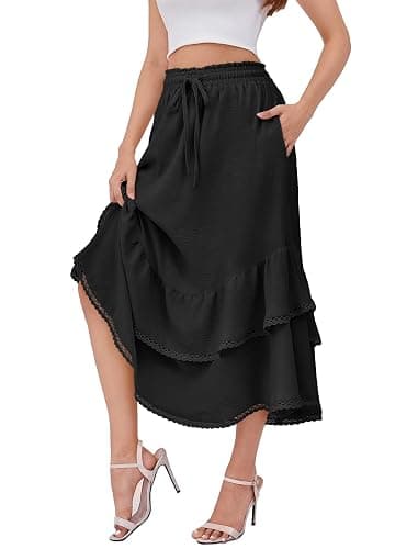 HUSKARY Maxi Skirts for Women Summer Fall High Waist Drawstring Long Skirt Ruffle Layered Medieval Skirts with Pockets thumbnail 7