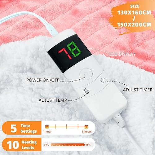 BOMOVA Electric Heated Blanket Single Throw (130x160cm,Light Pink)-Flannels Fleece Winter Warm Blanket,10-Level Heating & 5 Auto Timer,Cozy Sofa Throw for Home Office,Xmas House Warming New Home Gifts thumbnail 3