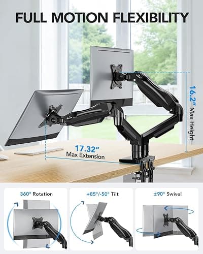 HUANUO Dual Monitor Stand, Fully Adjustable Gaming Monitor Desk Mount for 13–32″ Computer Screens, Full Motion VESA 75x75/100x100 with C-Clamp & Grommet Base, Each Arm Holds 4.4 to 19.8 lbs thumbnail 3