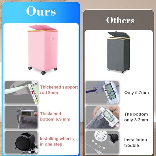 Laundry Hamper with Wheels,20 Gal (75L) Laundry Basket with lid Rolling Clothes Hamper Foldable Dirty Clothes Basket on wheels with Bamboo Frame and Bag for Bedroom, Dorm, Laundry Room-Pink thumbnail 6