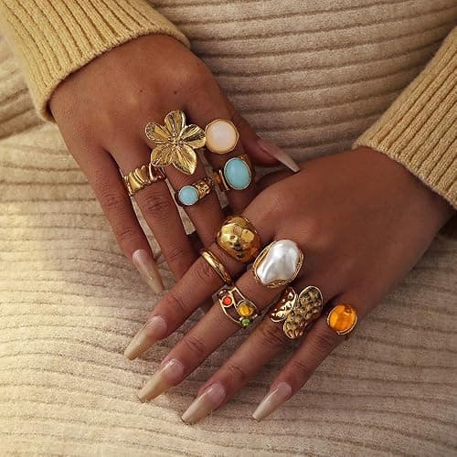 UYY Chunky Gold Rings for Women Non Tarnish, Baroque Pearl Flower Tiger's Eye Stone Rings Adjustable Stacking Statement Rings Set Fashion Jewelry Gifts thumbnail 4