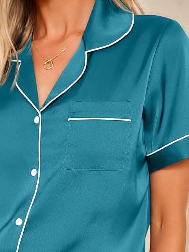 LILLUSORY Silk Satin Pajama Set for Women 2 Piece Lounge Pjs Winter Matching Summer Sleepwear Button Down Shirt Shorts thumbnail 5