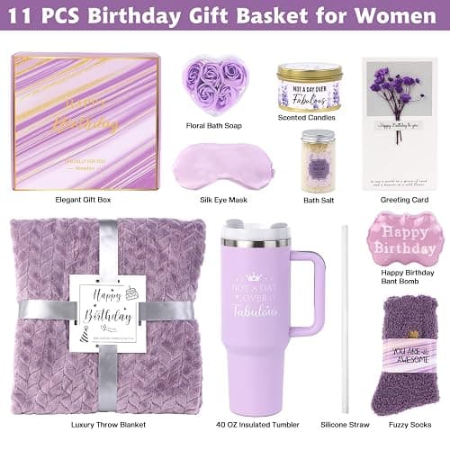 Purple Birthday Gifts for Women Friendship, Lavender Themed Gift Basket | Happy Birthday Gift Boxes for Women Teen Girls Female Her Mom Grandma Best Friend Sister Aunt, Purple Basket, Spa Sets thumbnail 2