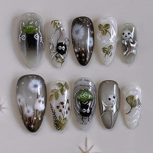 IMRAIN Press on Nails Medium Almond Fake Nails with Cute Pattern Design Glossy Black Ombre Acrylic False Nails Full Cover Glue on Nails Artificial Nail Supplies for Women Girl Nail Decoration - Image 1