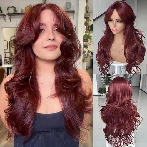 Jolelyne Red Layered Wavy Wig with Curtain Bangs for Black White Women Synthetic Long Burgundy Layered Wig Natural Looking Synthetic Heat Resistant Wigs for Daily Party UseButterfly Haircut Wigs(BUG) - Image 1