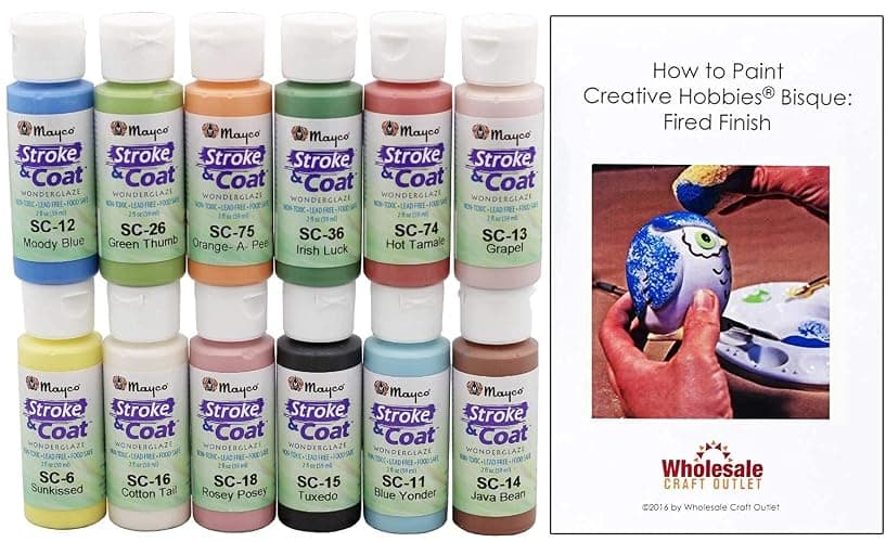 Creative Hobbies Mayco Stroke and Coat Glaze for Ceramics Kit 1 | 12 Assorted 2 oz Jars with How to Paint Pottery Book thumbnail 2
