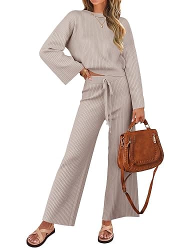 ZESICA Women's 2 Piece Outfits Set 2026 Casual Long Sleeve Knit Pullover Top and Wide Leg Pants Sweatsuit Lounge Sets - Image 1