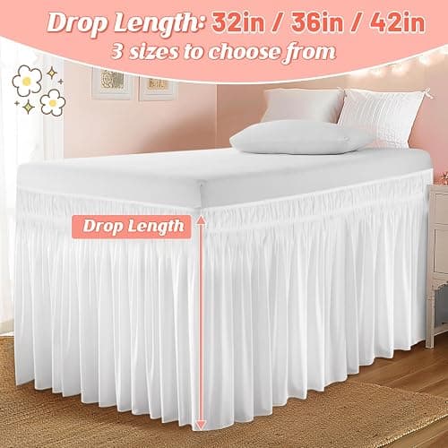 Dorm Bed Skirt for Twin-XL - 36" Drop College Dorm Room Bed Skirt, Pre-Shrunk Fabric Long Bed Skirt, Cute Ruffled Style Dorm Essentials for Students Girl Decoration & Hide The Clutter (White) thumbnail 5
