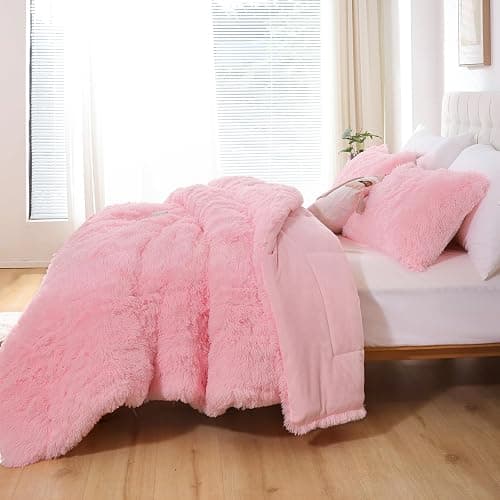 Smoofy Fluffy Queen Comforter Set, Faux Fur Pink Comforter Set Queen Size, Luxury Fuzzy Bedding Set, Soft Shaggy Bed Set Pink for All Season, 3 Pieces - 1 Comforter & 2 Pillowcases thumbnail 3