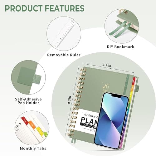 EMSHOI 2026 Planner, Weekly and Monthly, JAN 2026 - DEC 2026, A5 (5.7" x 8.3"), 100GSM Thick Paper, PVC Cover, Colorful Tabs - 2026 Calendar Organizer for Work, School, Home, LightGreen thumbnail 6