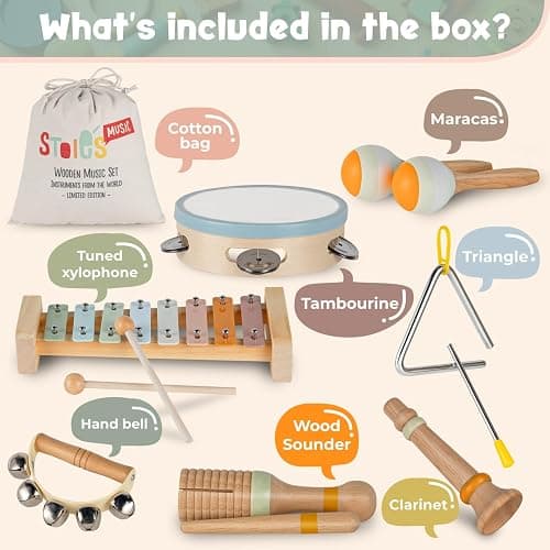 Stoie's Wooden Toddler Musical Instruments with Xylophone, Maracas, Triangle, Tamburine for Babies and Kids, Eco Friendly Montessori Educational Toy thumbnail 3