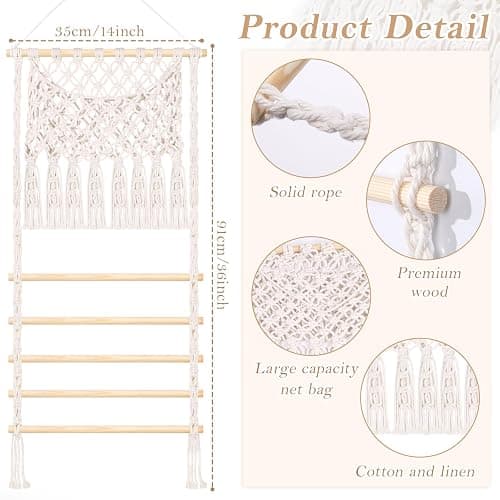 SNOWSTAR Macrame Hair Claw Clip Organizer,Large Capacity Mesh Bag Scrunchies Holder and Hair Ties Organizer for Women Girls,Hair Accessorie Hanging Storage Home Decor Wall,Door thumbnail 2