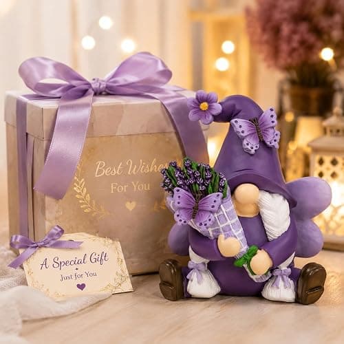 KnomeKo Lavender Gnome Fairy Garden Decor Purple Gifts for Women | Butterfly & Lavender Bouquet Resin Gnome , Spring Summer Decor Home Office Table Porch Yard thumbnail 6