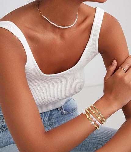 BOMAIL Gold Beaded Bracelets for Women Trendy Non Tarnish Gold Bracelet Stack 14K Gold Plated Pearl Bead Bracelets Cross Bracelets Set Stackable Stretch Beads Bracelet thumbnail 5