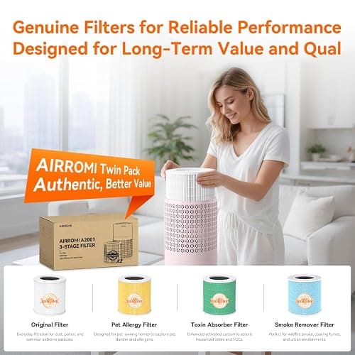 AIRROMI Air Purifier for Bedroom with HEPA 3-in-1 Filter, Pet Air Purifier for Home Cat Pee Smell, Covers Upto 990 Ft², Quiet 360° intake Air Cleaner for pet hair,allergies,Dust,Smoke A2001 Pink thumbnail 9