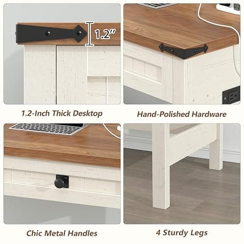 YOMILUVE Farmhouse Computer Desk with 2 Drawers, 39 Inch Small Office Computer Desk with Power Outlets, Compact Writing Study Desk for Small Spaces, Antique White thumbnail 5