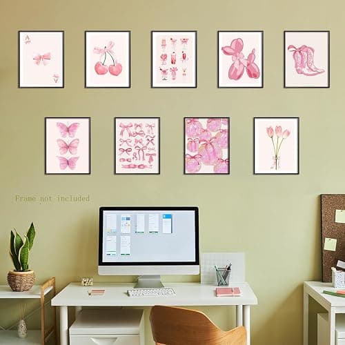 Ucninvd Pink Bow Wall Art Posters Set of 9 Trendy Coquette Preppy Wall Decor Paintings Disco Ball Girly Room Decor Aesthetic Canvas Pictures Prints for Bathroom Living Room Dorm 8x10Inch Unframed thumbnail 6