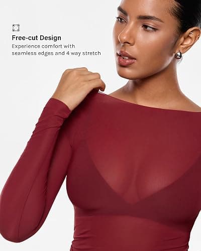 INLYRIC Women's Cosnufy Mesh Sheer Long Sleeve Tops See Through Boat Neck Going Out Tops Trendy Sexy Shirts thumbnail 5