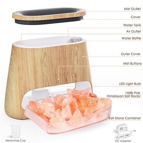 SALKING 2-in-1 Ultrasonic Essential Oil Diffuser & Himalayan Salt Lamp, Aromatherapy Diffuser Cool Mist Humidifier with Auto Off Function, 100% Pure Himalayan Pink Salt Rock, 150ml (Wooden Grain) thumbnail 7