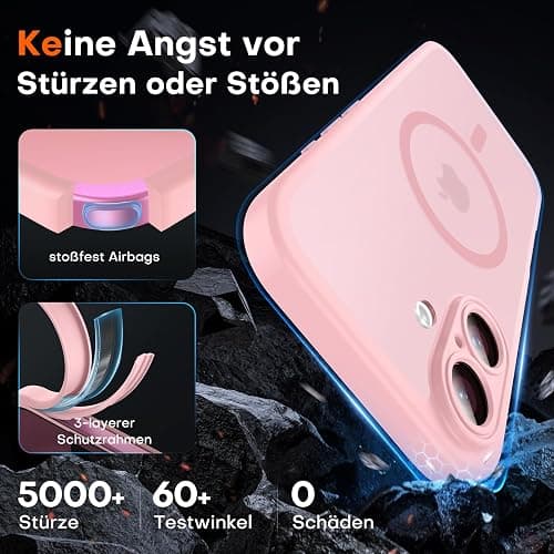 TOCOL für iPhone 16 Hülle für Magsafe, Vollständiger Kameraschutz Stoßfest Kratzfest Transluzente Rückseite Magnetisch Handyhülle für iPhone 16 Case, Rosa thumbnail 4
