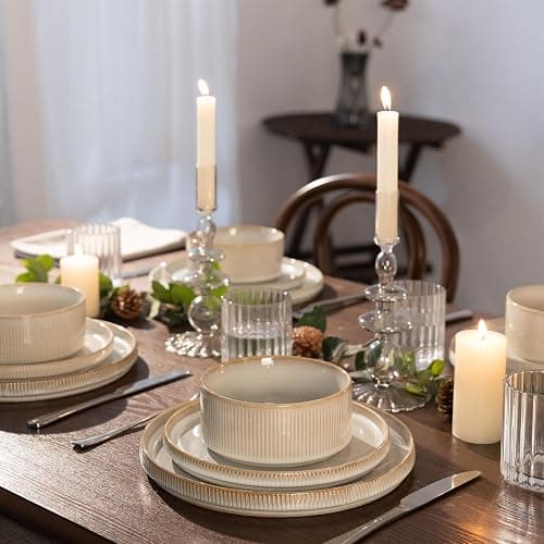 Richmount Star Dinnerware Sets, Plates and Bowls Set for 4, 12 Piece Dish Set, Ribbed, Cappuccino White thumbnail 5