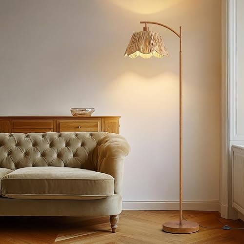 Oneach Rattan Floor Lamp for Bedroom, Boho Floor Lamp with Foot Switch, Farmhouse Standing Lamps for Living Room with Hand-Woven Shade, Walnut Metal Base & Pole thumbnail 2