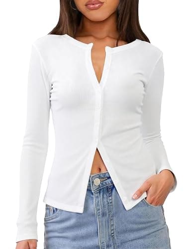 Gleenat Womens Ribbed Long Sleeve Button Down Up Shirts Lightweight Regular Length Cardigan Going Out Fall Tops XS-XL - Image 1
