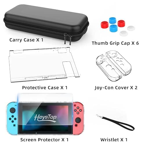HEYSTOP Switch Case Compatible with Nintendo Switch, 9 in 1 Accessories kit with Carrying Case, Dockable Protective Case, HD Screen Protector and 6pcs Thumb Grips Caps thumbnail 9