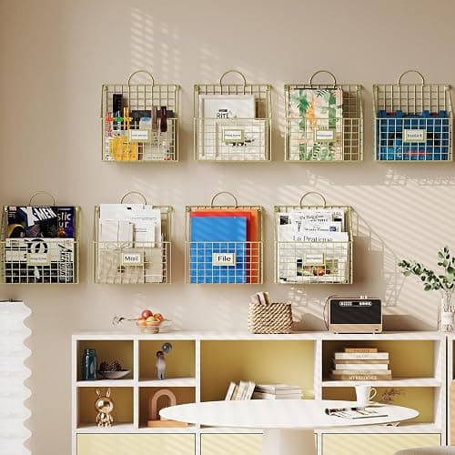 Yuzehuaza Wall File Organizer Mesh Hanging Wall Files Holder,Magazine Rack and Mail Basket with Hooks, Office Wall Organizer for Papers Folders Files Clipboard 4 Packs, Gold(Patent Pending) thumbnail 2