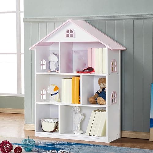 Wooden Dollhouse Bookshelf 4-Tier Kids Bookcase, Toy Storage Organizer & Playhouse with 6 Compartments for Girls Boys, Pink and White Room Furniture for Bedroom Playroom - Image 1