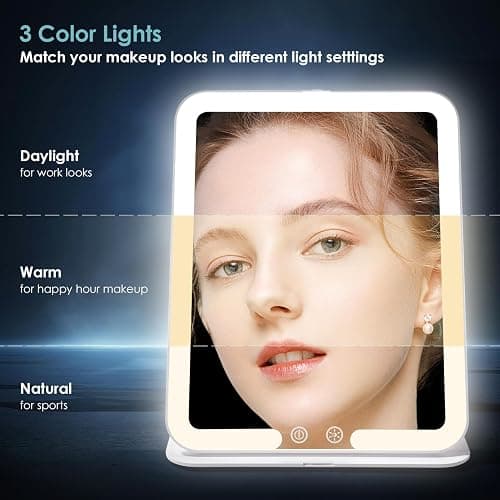 7.8" x 6.1" Rechargeable Travel Makeup Mirror with Lights and Small 10X Magnification, Foldable Stand with Adjustable Height & Angle, 3 Light Colors LED Lighted Vanity Mirror (White) thumbnail 6