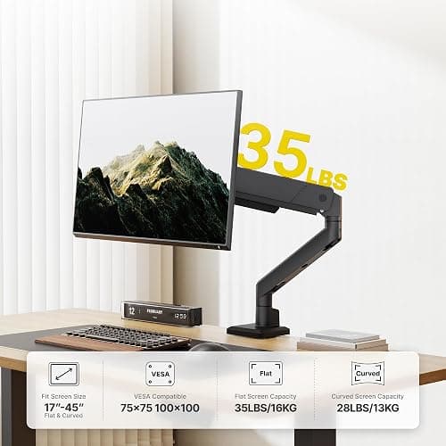 monTEK Single Monitor Arm for Max 45 Inch Ultrawide Screens Adjustable Monitor Desk Mount Holds 35 Lbs Cable Management with Clamp/Grommet Desk Mount, VESA 75/100mm thumbnail 3