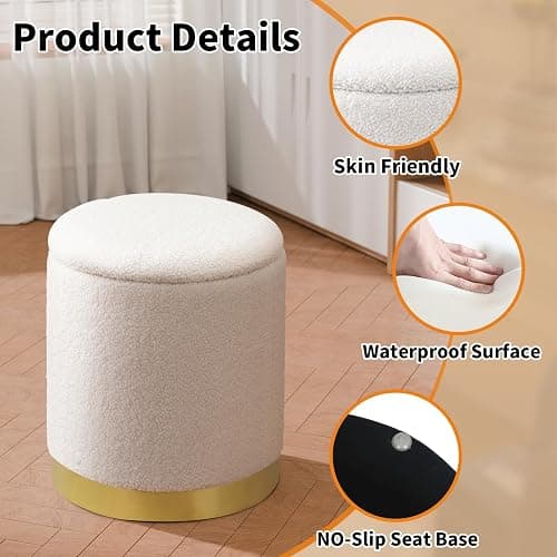 Joveco Boucle Round Ottoman with Storage,Vanity Stool with Storage for Bedroom, Ottoman Coffee Table,Small Boucle Foot Stool for Living Room, White with Gold Plating Base thumbnail 5