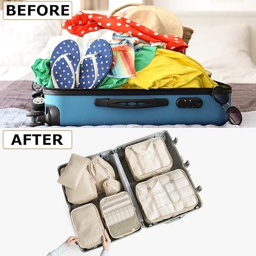 LANSKLBD 6/8 Set Packing Cubes for Suitcases Travel Luggage Packing Organizers,Travel Accessories Essentials Luggage Organizer with Shoe/Tioletry/Laundry Bag (Beige, 8 set) thumbnail 3