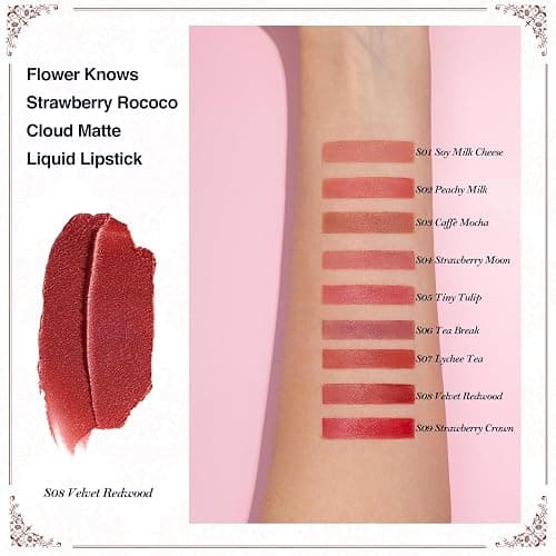 Flower Knows Strawberry Rococo Cloud Lip Cream,Long Lasting Burgundy Matte Lipstick,Hydrating Lip Stain,Transfer & Smudge Proof Velvet Liquid Lipstick for Girls&Women,0.12 Fl Oz(S08 Velvet Redwood) thumbnail 3