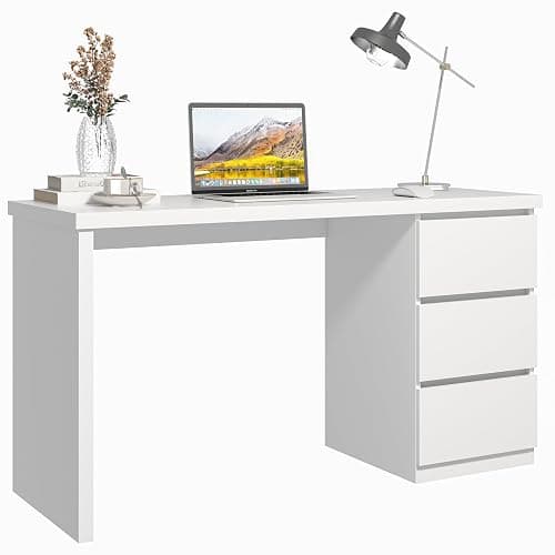 furtble White Desk with Drawers, 47'' W Home Office Desk Gaming Table, Modern Vanity Desk with Storage, Wood Computer Desk Writing Workstation for Bedroom, Living Room - Image 1