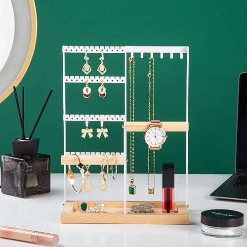 Jewelry Organizer Stand, Jewelry Holder, Lengnoy 4 Tier Earring Holder with 48 Holes and 6 Hooks Necklace Organizer Wood Box for Necklace Bracelet Earring Ring, White thumbnail 4