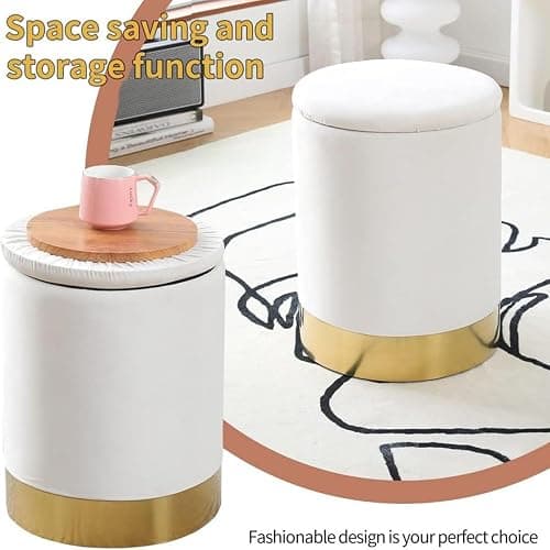 Mxfurhawa Velvet Storage Ottoman Multipurpose Footrest Stool with Metal Base Modern Round Vanity Stool Chair Ottoman Foot Stools Support 300 lbs Padded Seat for Living Room (Cream (Velvet)) thumbnail 5