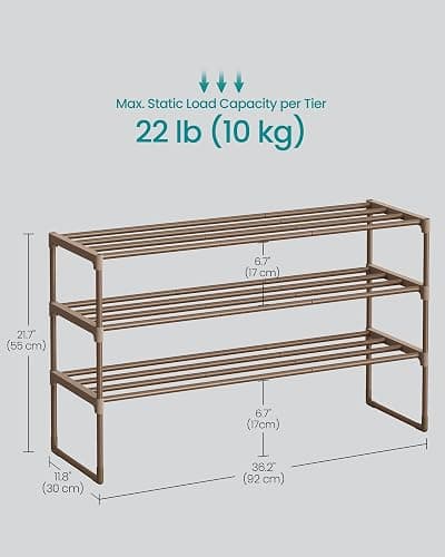 SONGMICS Shoe Rack, 3-Tier Shoe Organizer, Metal Storage Shelf | for Entryway, Upright or Upside Down, for 16-20 Pairs, Stackable, 11.8 x 36.2 x 21.7 Inches, Walnut Brown ULSA303K01 thumbnail 3