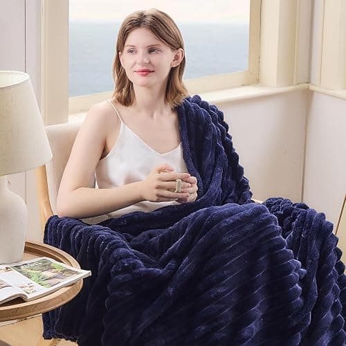 NEWCOSPLAY Super Soft Throw Blanket Dark Navy Premium Silky Flannel Fleece 3D Ribbed Jacquard Lightweight Bed Blanket All Season Use (Dark Navy Ribbed, Throw(50"x60")) thumbnail 3