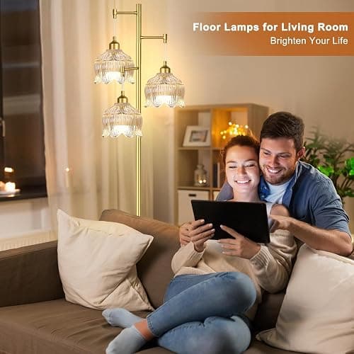 WLQCWL Vintage Floor Lamps for Living Room Bedroom-3 Light Gold Floor Lamp with Glass Lampshape, Flower Tall Lamp Glass Mid Century Standing Lamp Tree Floor Lamp for Living Room Corner thumbnail 4