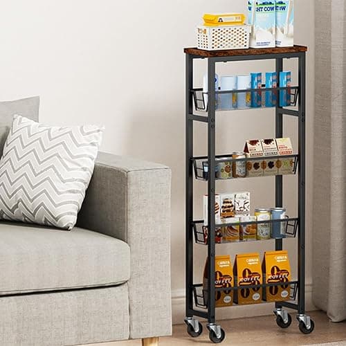 Honest Slim Storage Cart 4-Tier Slim Rolling Cart with Metal Frame and Wooden Top, 6.3 Inches, Storage Cart for Kitchen, Dining Room, Living Room, Bathroom, Home Office, Rustic Brown and Black thumbnail 5